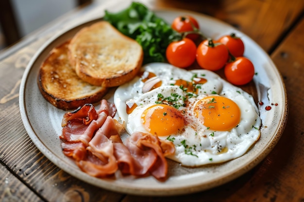 Un piatto di colazione con uova, carne e pane tostato bollente