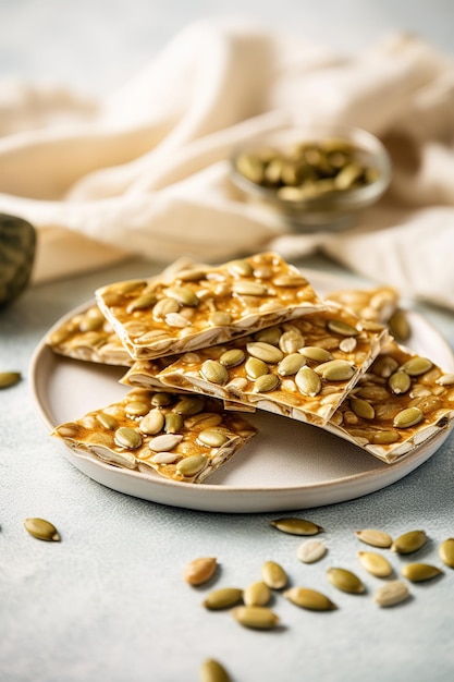 Un piatto di cracker al pistacchio con una ciotola di pistacchi sul lato.