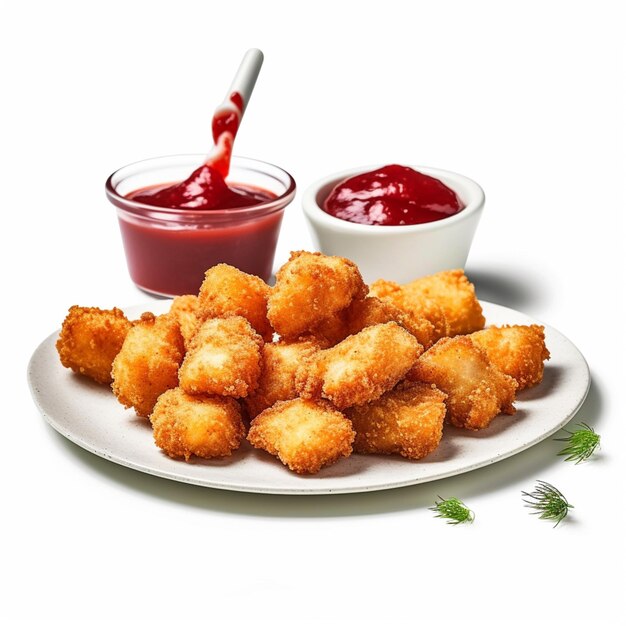 Un piatto di crocchette con accanto una ciotolina di ketchup.