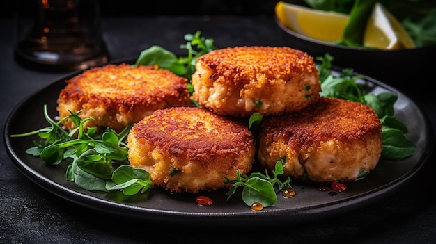 Un piatto di crocchette di pesce con spicchi di limone sul lato