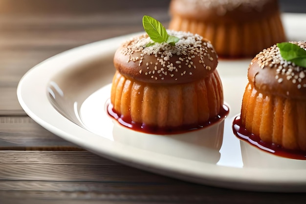 Un piatto di cupcakes al cioccolato con una foglia in cima