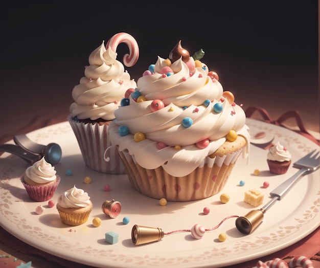 Un piatto di cupcakes con sopra un bastoncino di zucchero.