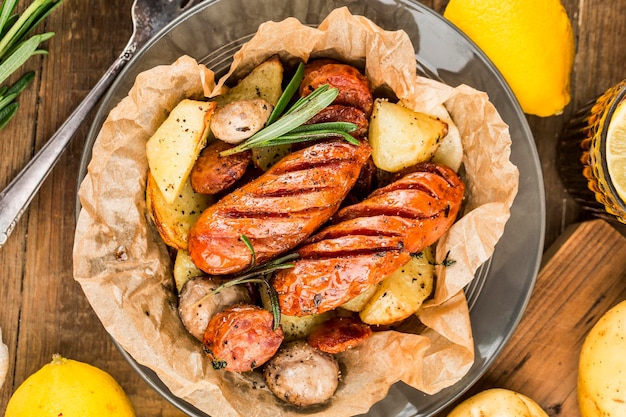 Un piatto di deliziose patate e salsiccia al forno