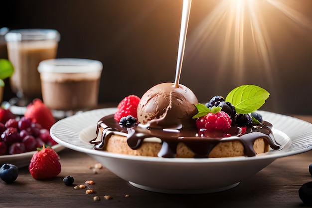 Un piatto di dessert al cioccolato con una salsa al cioccolato condita sopra e una tazza di caffè