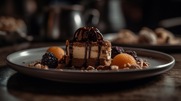 Un piatto di dessert con sopra una spruzzata di cioccolato e una noce nera.