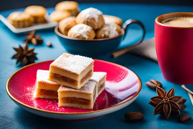 un piatto di dessert con una tazza di caffè rossa e una tazza di caffè rossa.