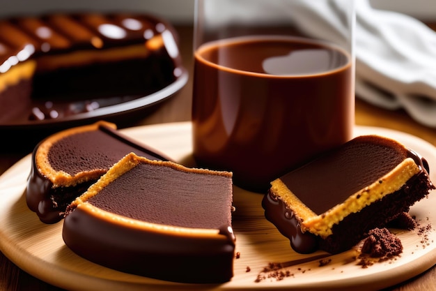 Un piatto di dessert di mousse al cioccolato con un bicchiere di cacao sul lato