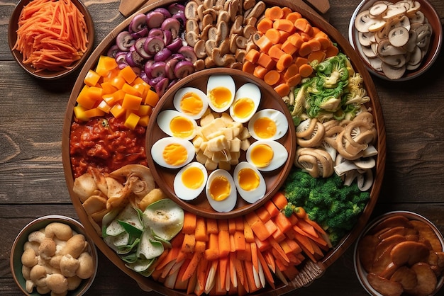 Un piatto di diversi tipi di cibo su un tavolo Immagine generativa AI Tteokbokki Cibo coreano