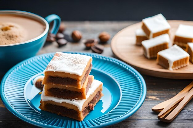 un piatto di dolci con una tazza di caffè e un cucchiaio.