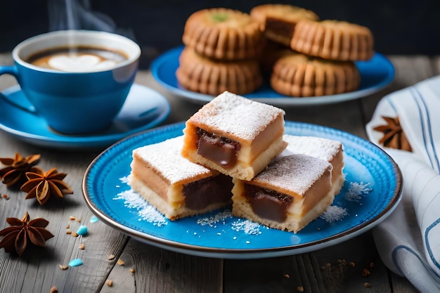 un piatto di dolci con una tazza di caffè e una tazzina di caffè.