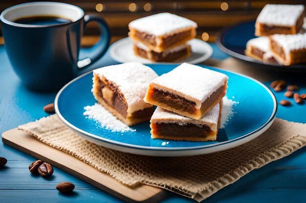 un piatto di dolci con una tazza di caffè in sottofondo.