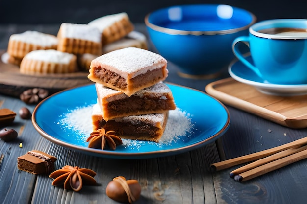 un piatto di dolci con una tazza di tè e un piatto di biscotti sul tavolo.