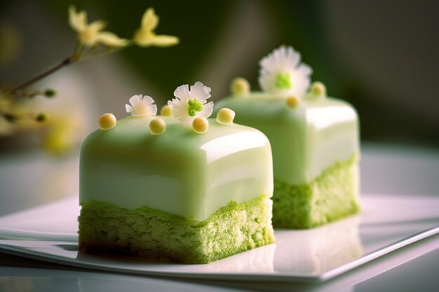 Un piatto di dolci verdi e bianchi con un fiore sullo sfondo.