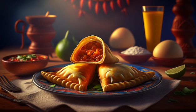 Un piatto di empanadas con un bicchiere di succo d'arancia sullo sfondo.