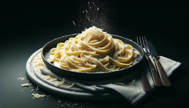 Un piatto di fettuccine Alfredo coperto di formaggio parmigiano grattugiato