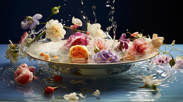 Un piatto di fiori che galleggia in una ciotola d'acqua