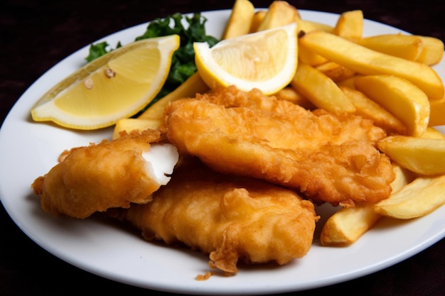 Un piatto di fish and chips con una fetta di limone.