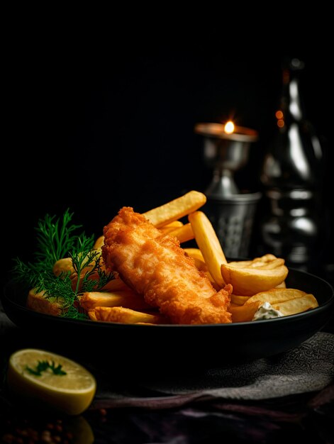 Un piatto di fish and chips con uno spicchio di limone sul lato