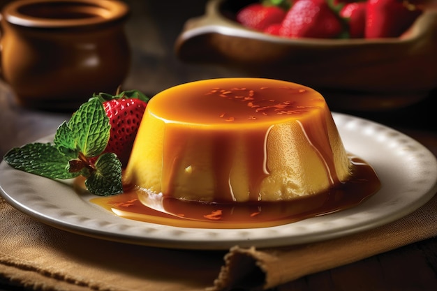 Un piatto di flan con sopra una fragola