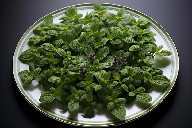 un piatto di foglie di menta è su un tavolo con un piatto verde e un piatto bianco con sopra una menta verde.