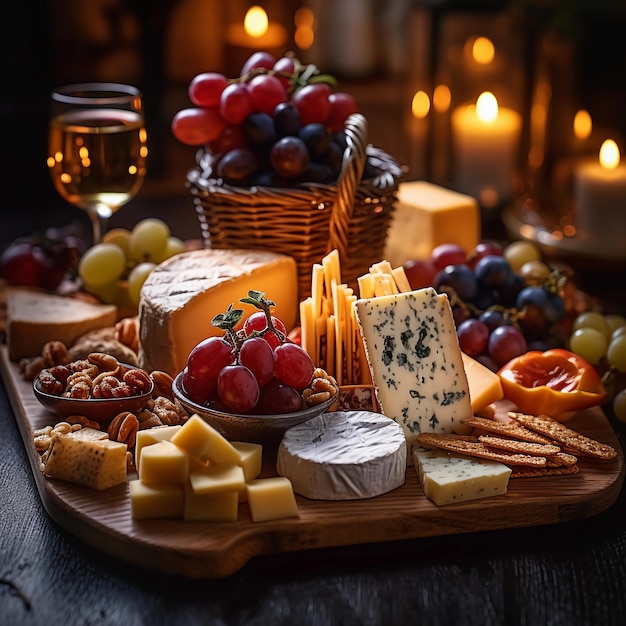 Un piatto di formaggi bello e delizioso con diversi tipi di formaggio