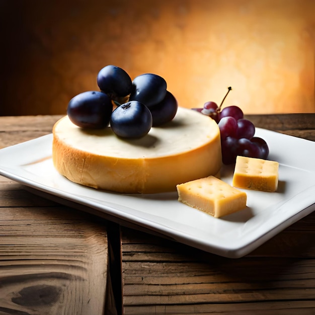 Un piatto di formaggio con sopra dell'uva