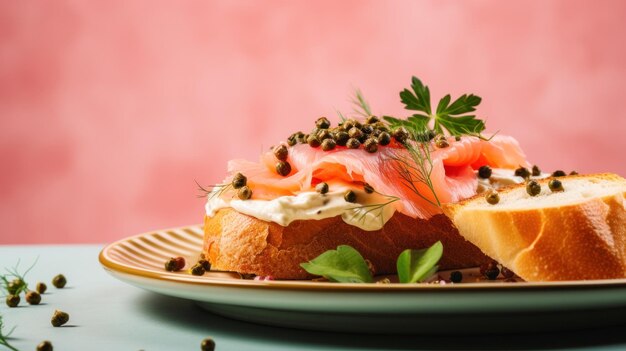 Un piatto di formaggio crema di salmone affumicato e bagel con capperi e cipolla rossa