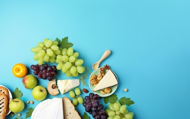 Un piatto di formaggio e noci con un piatto di uva e noci su sfondo blu.