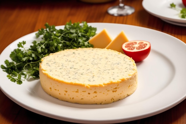Un piatto di formaggio e un pezzo di formaggio con contorno di pomodori.