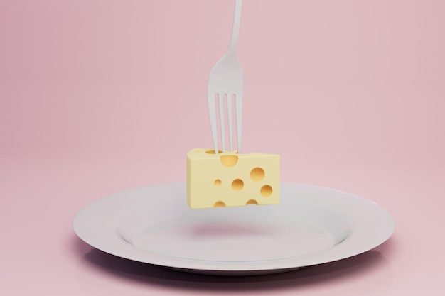 Un piatto di formaggio pungente su una forchetta su uno sfondo rosa 3D rendering