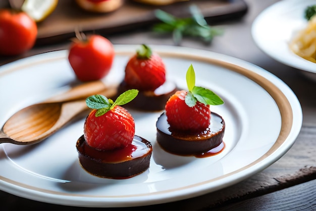 un piatto di fragole ricoperte di cioccolato con foglie di menta