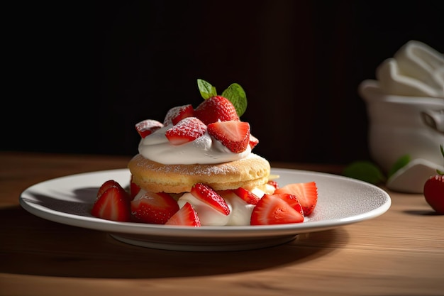 Un piatto di frittelle con fragole e panna in cima.