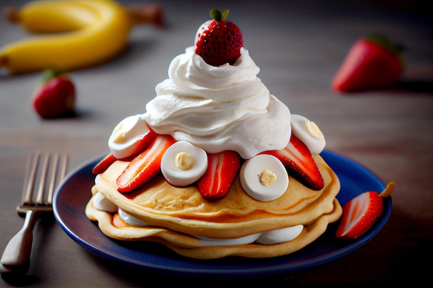 Un piatto di frittelle con panna montata e fragole in cima.