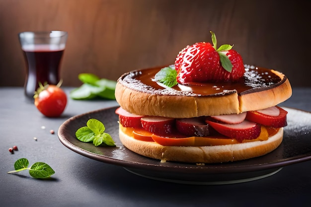 Un piatto di frittelle con sopra una fragola