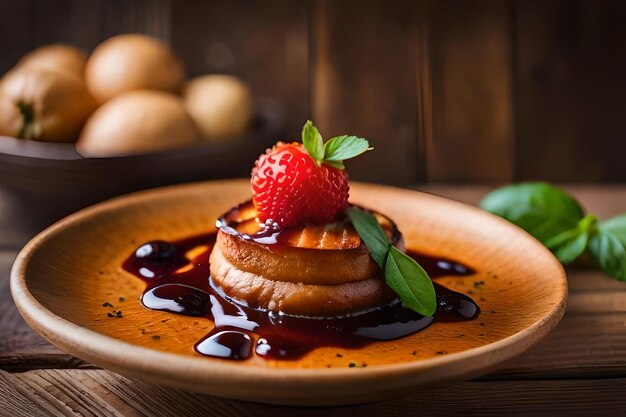 Un piatto di frittelle con sopra una fragola