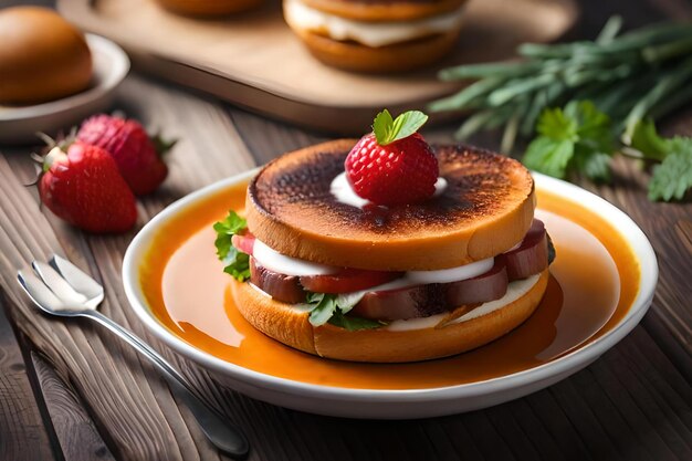 Un piatto di frittelle con sopra una fragola