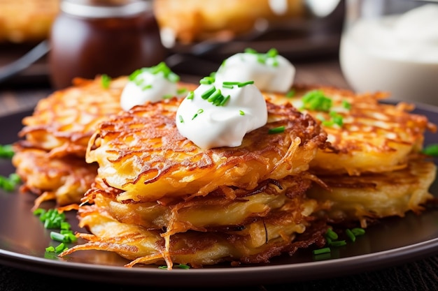 Un piatto di frittelle di patate con sopra panna acida