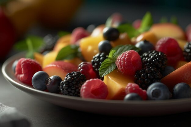 Un piatto di frutta con foglie di menta sopra