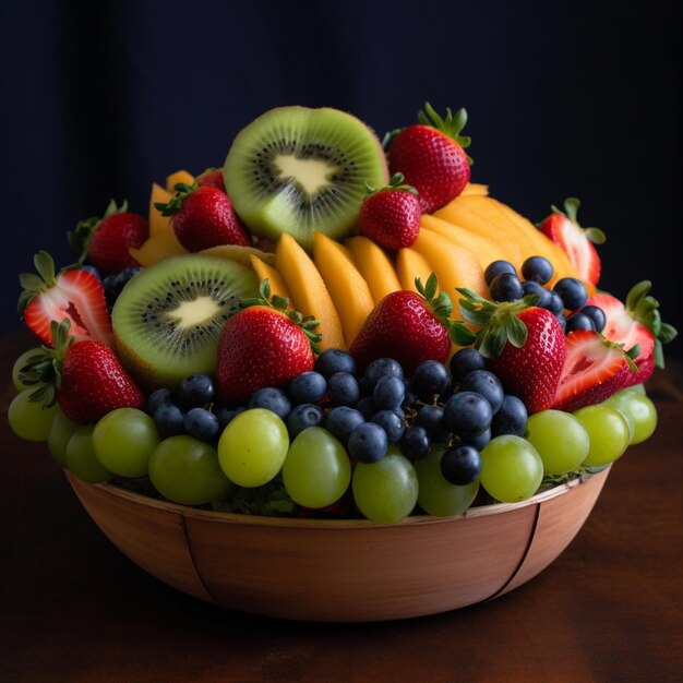 Un piatto di frutta con frutti diversi tra cui kiwi, kiwi, mirtilli e kiwi.