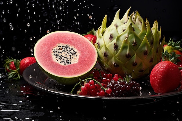 Un piatto di frutta con gocce d'acqua e una goccia di pioggia sul lato