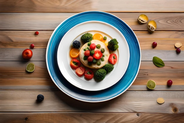 un piatto di frutta con sopra un piatto di frutta