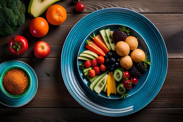 un piatto di frutta con un piatto di frutta blu sul tavolo