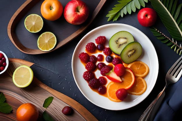 un piatto di frutta con un piatto Di frutta su di esso