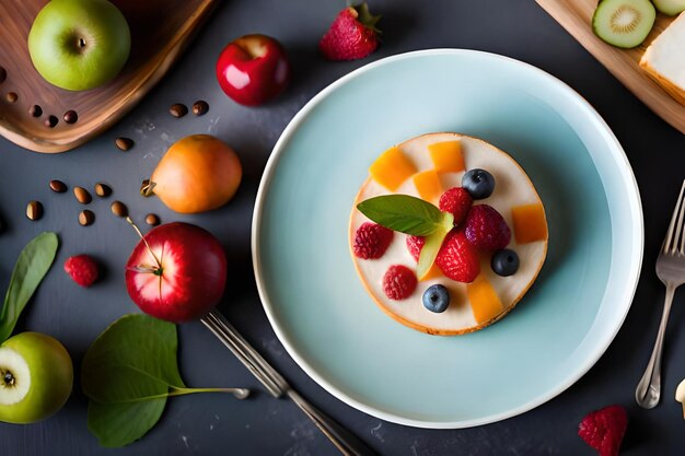 un piatto di frutta con una forchetta e una ciotola di frutta sopra.