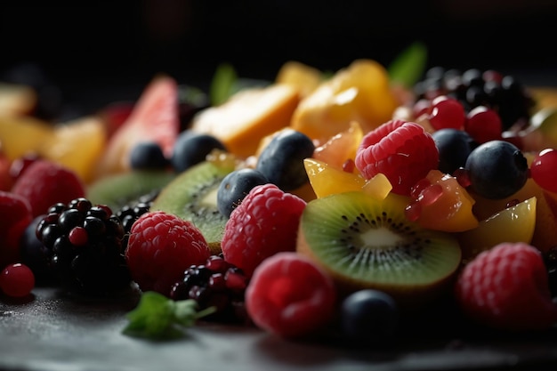 Un piatto di frutta con uno sfondo nero