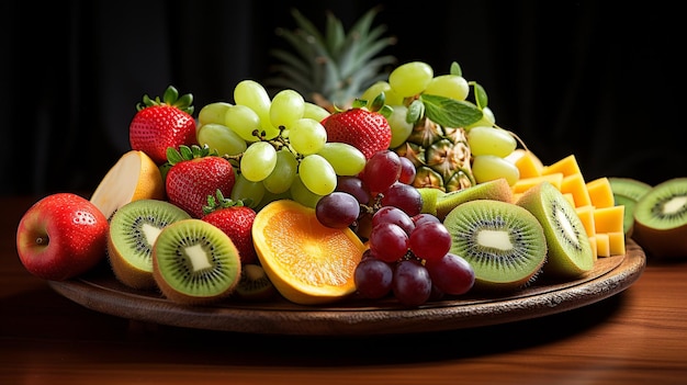 Un piatto di frutta con uva arredato in modo artistico