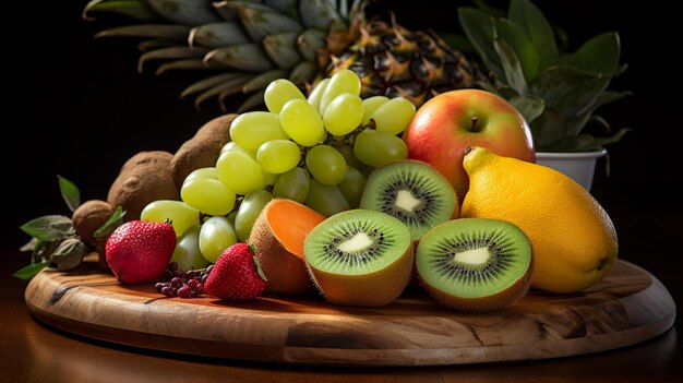 Un piatto di frutta con uva arredato in modo artistico