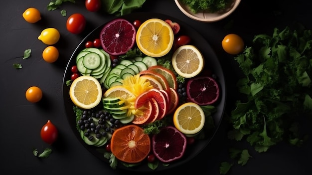 Un piatto di frutta e verdura colorata con uno sfondo nero.