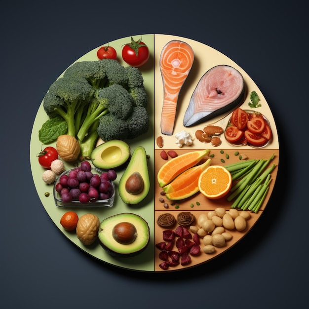 Un piatto di frutta e verdura con sopra l'immagine di un frutto e di una verdura
