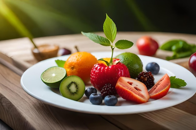 un piatto di frutta e verdura con sopra un frutto